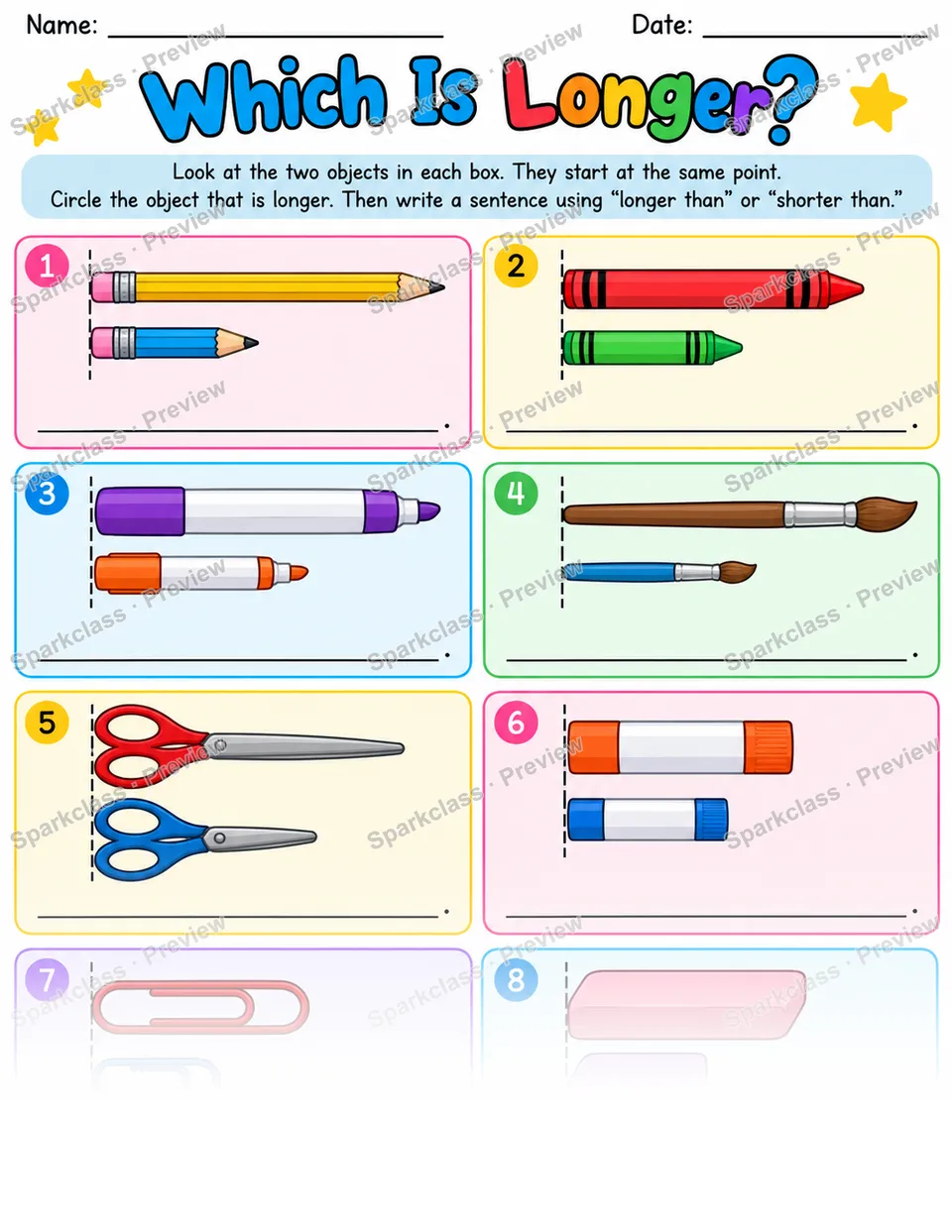 Which Is Longer — Grade 1 worksheet preview