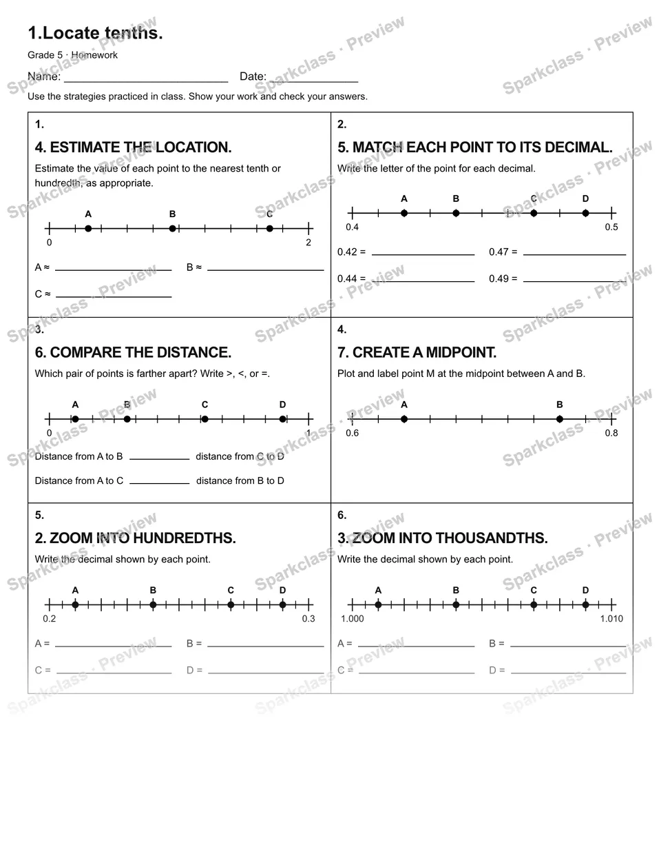 1.Locate tenths. — Homework — Grade 5 worksheet preview