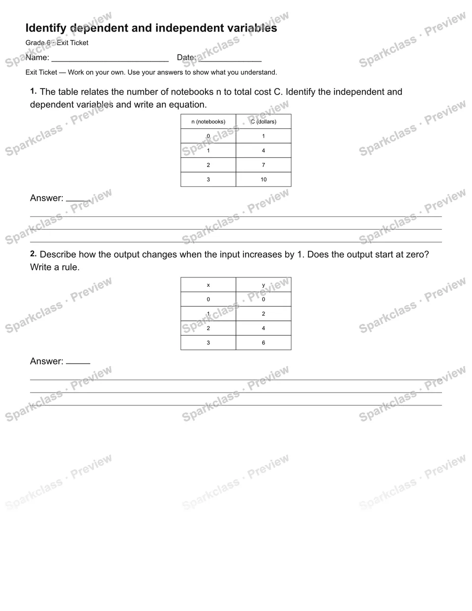 Identify dependent and independent variables — Exit Ticket — page 2