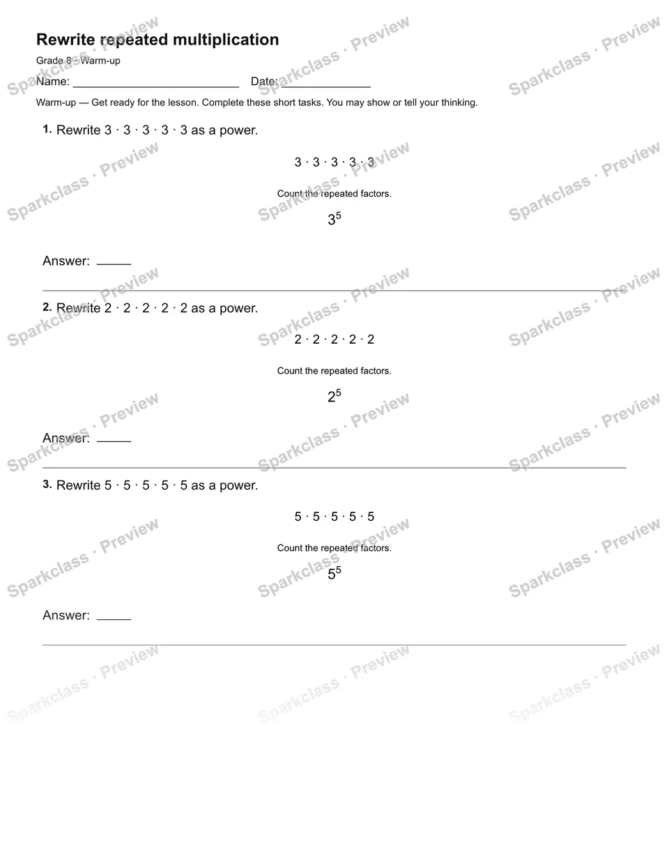Rewrite repeated multiplication — Warm-up — page 2