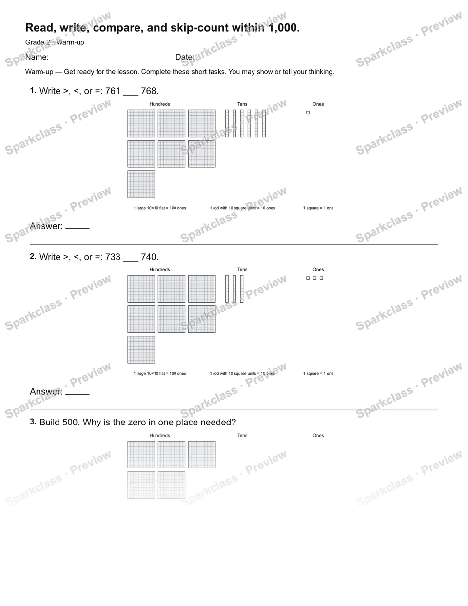 Read, write, compare, and skip-count within 1,000. — Warm-up — Grade 2 worksheet preview