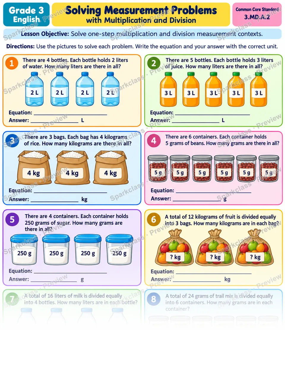 Multiply Divide Measurements 01 — Grade 3 worksheet preview