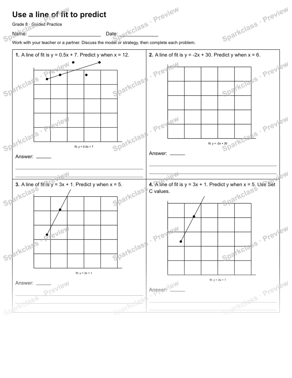 Use a line of fit to predict — Guided Practice — Grade 8 worksheet preview