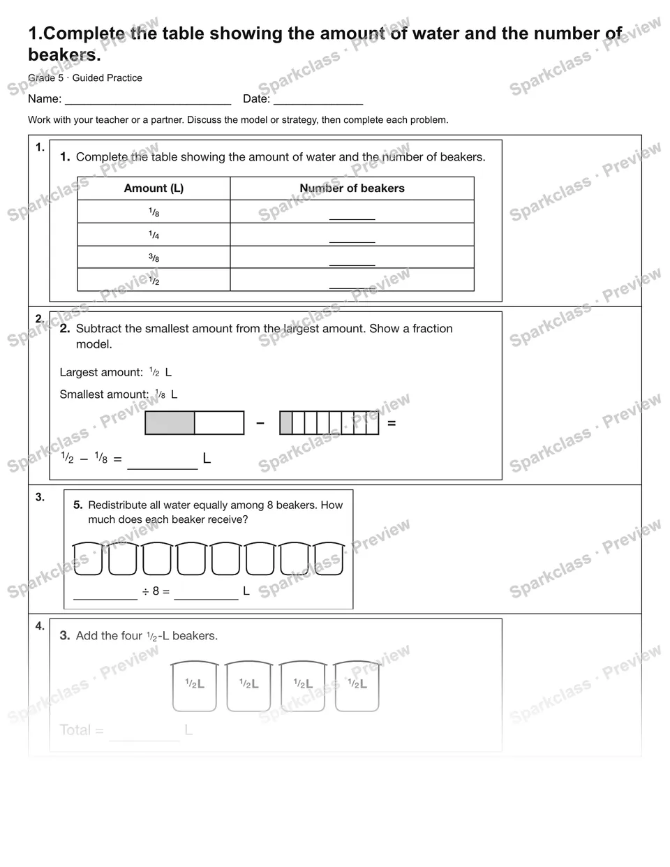 1.Complete the table showing the amount of water and the number of beakers. — Guided Practice — Grade 5 worksheet preview