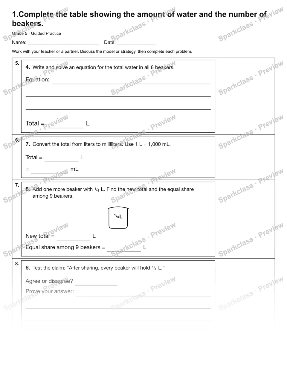 1.Complete the table showing the amount of water and the number of beakers. — Guided Practice — page 2