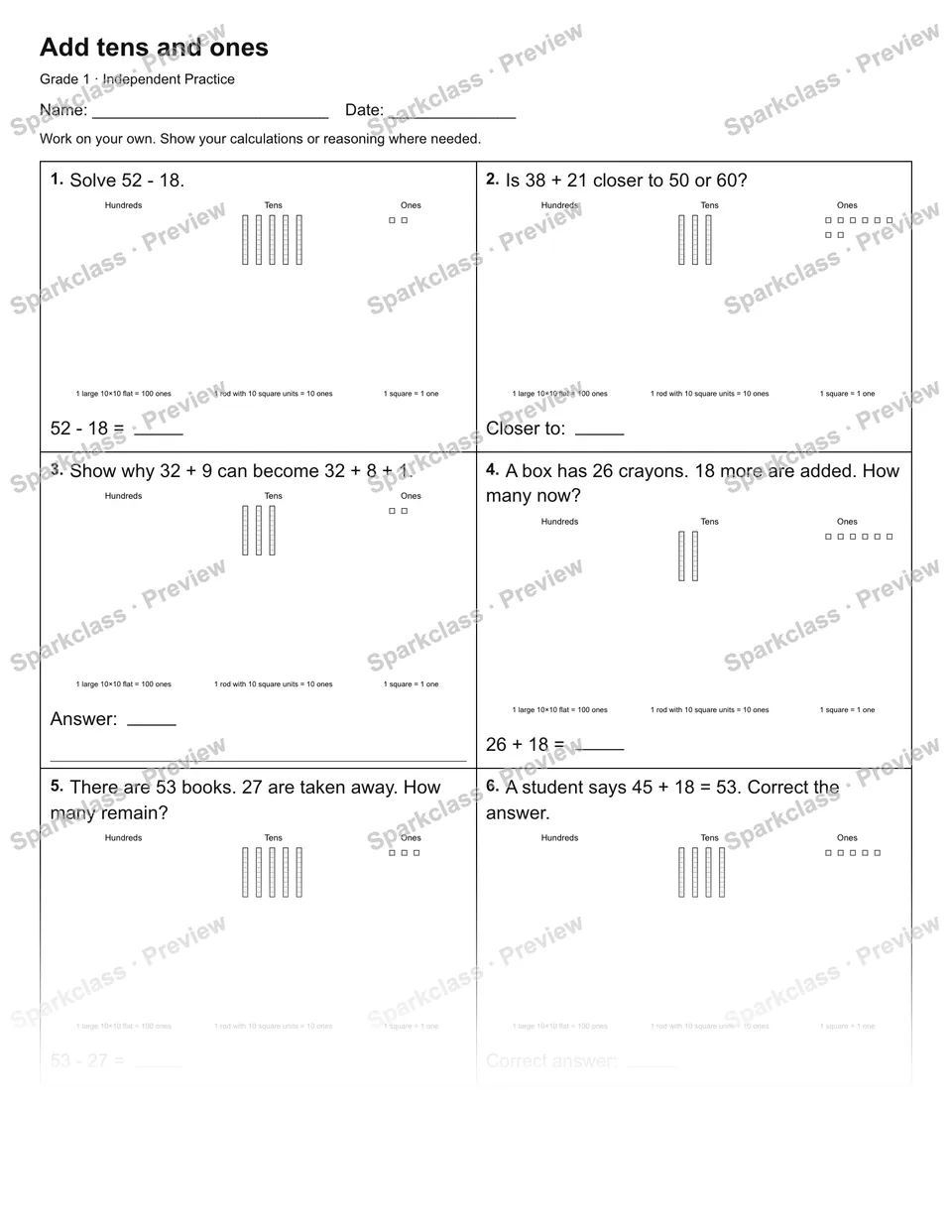 Add tens and ones — Independent Practice — Grade 1 worksheet preview