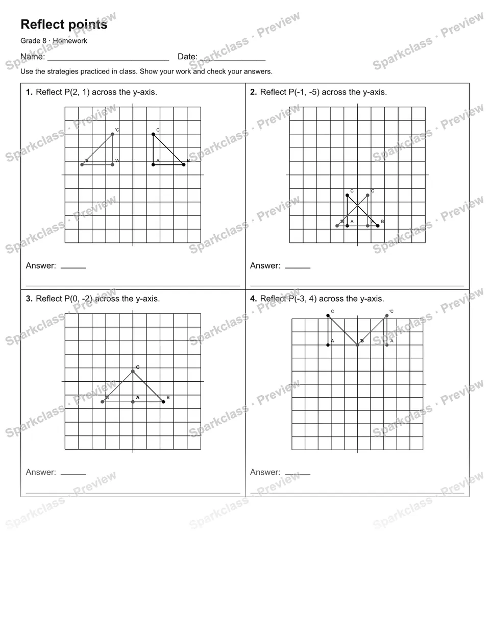 Reflect points — Homework — Grade 8 worksheet preview