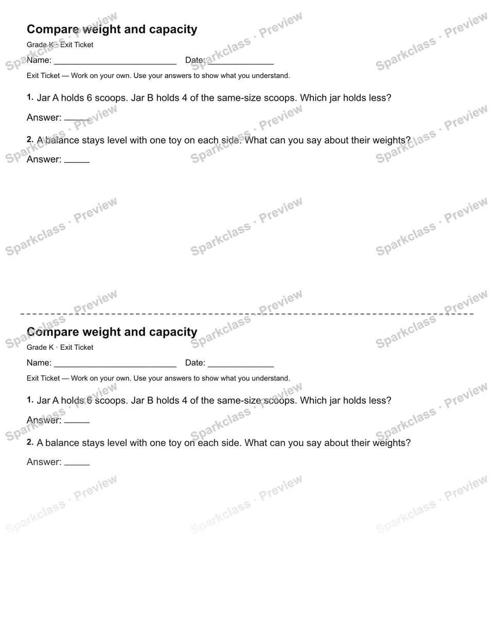 Compare weight and capacity — Exit Ticket — Kindergarten worksheet preview