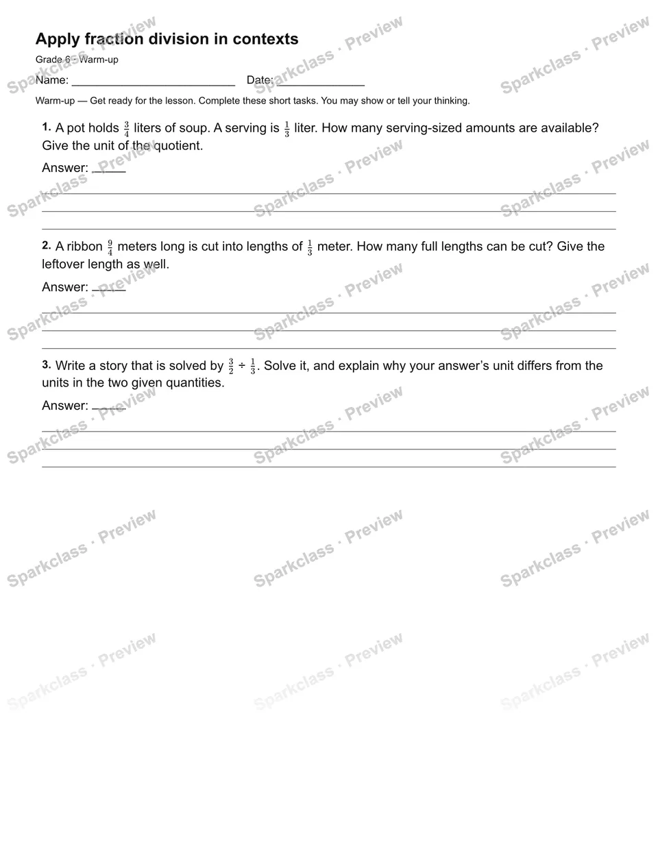 Apply fraction division in contexts — Warm-up — Grade 6 worksheet preview