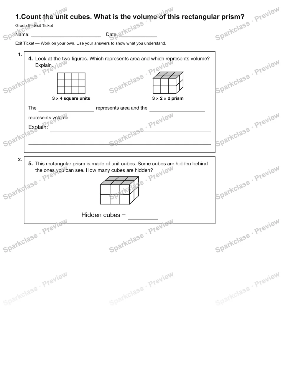 1.Count the unit cubes. What is the volume of this rectangular prism? — Exit Ticket — Grade 5 worksheet preview