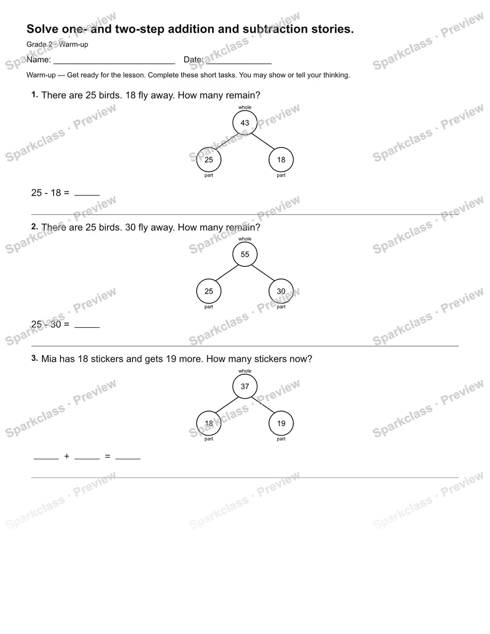 Solve one- and two-step addition and subtraction stories. — Warm-up — Grade 2 worksheet preview