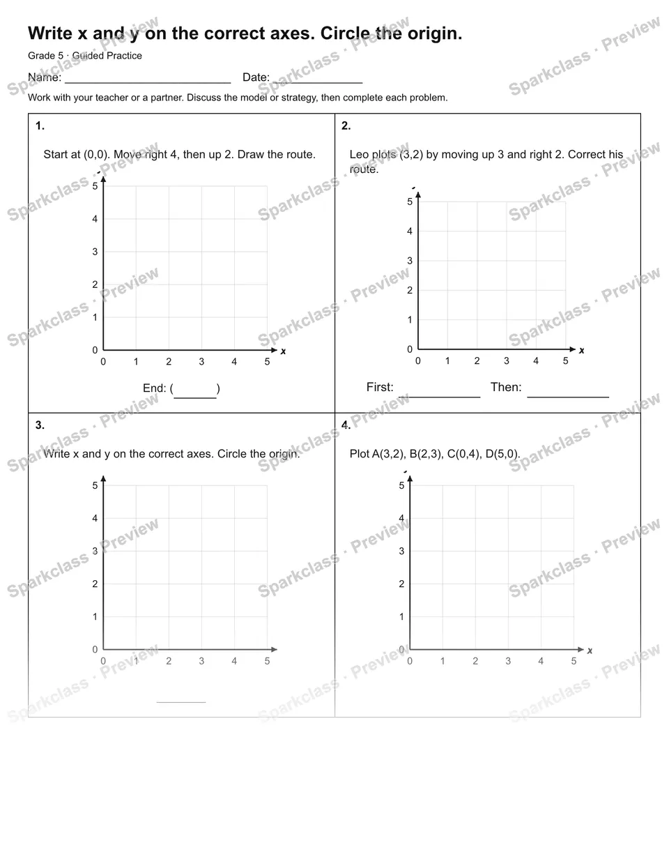 Write x and y on the correct axes. Circle the origin. — Guided Practice — Grade 5 worksheet preview