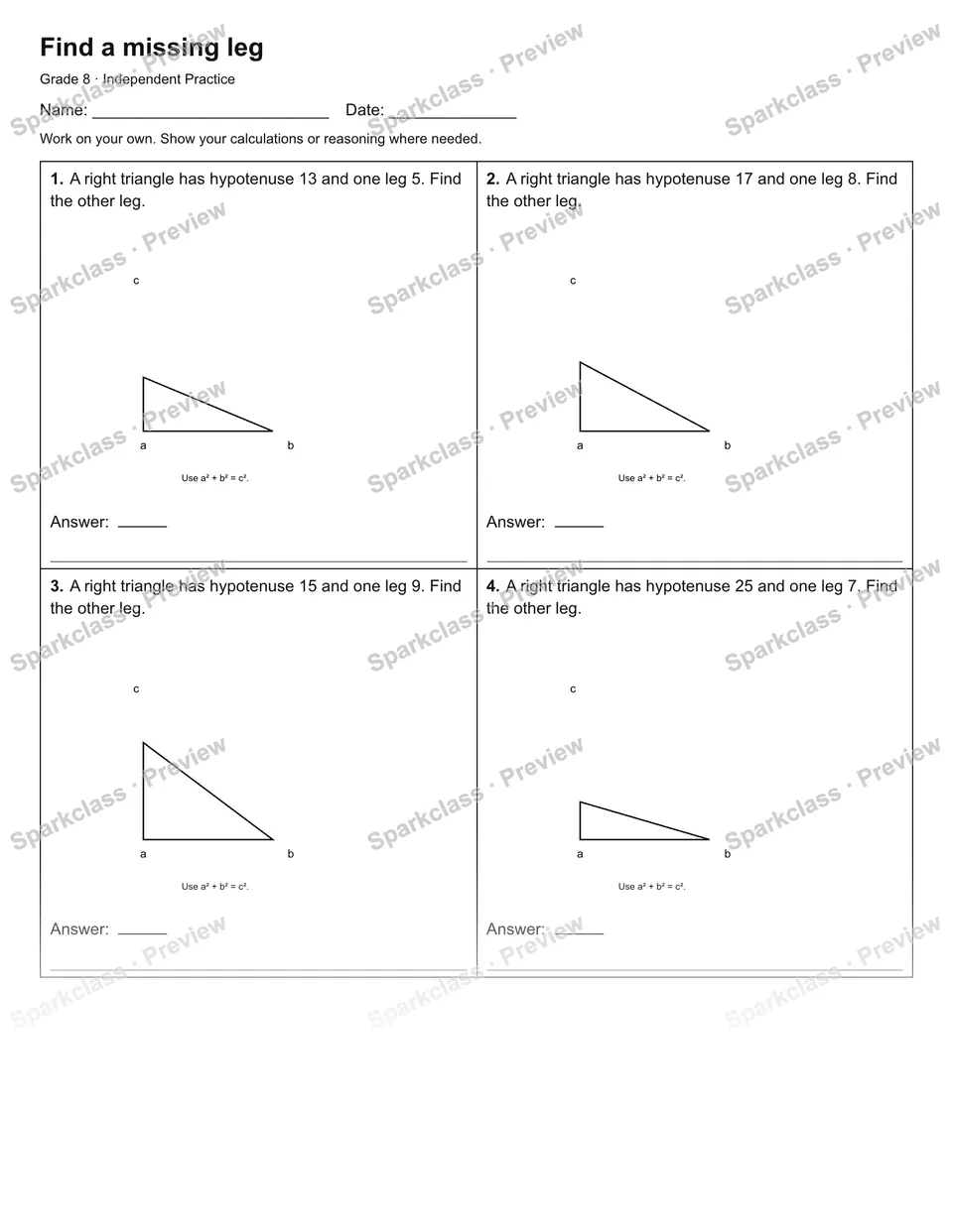 Find a missing leg — Independent Practice — Grade 8 worksheet preview