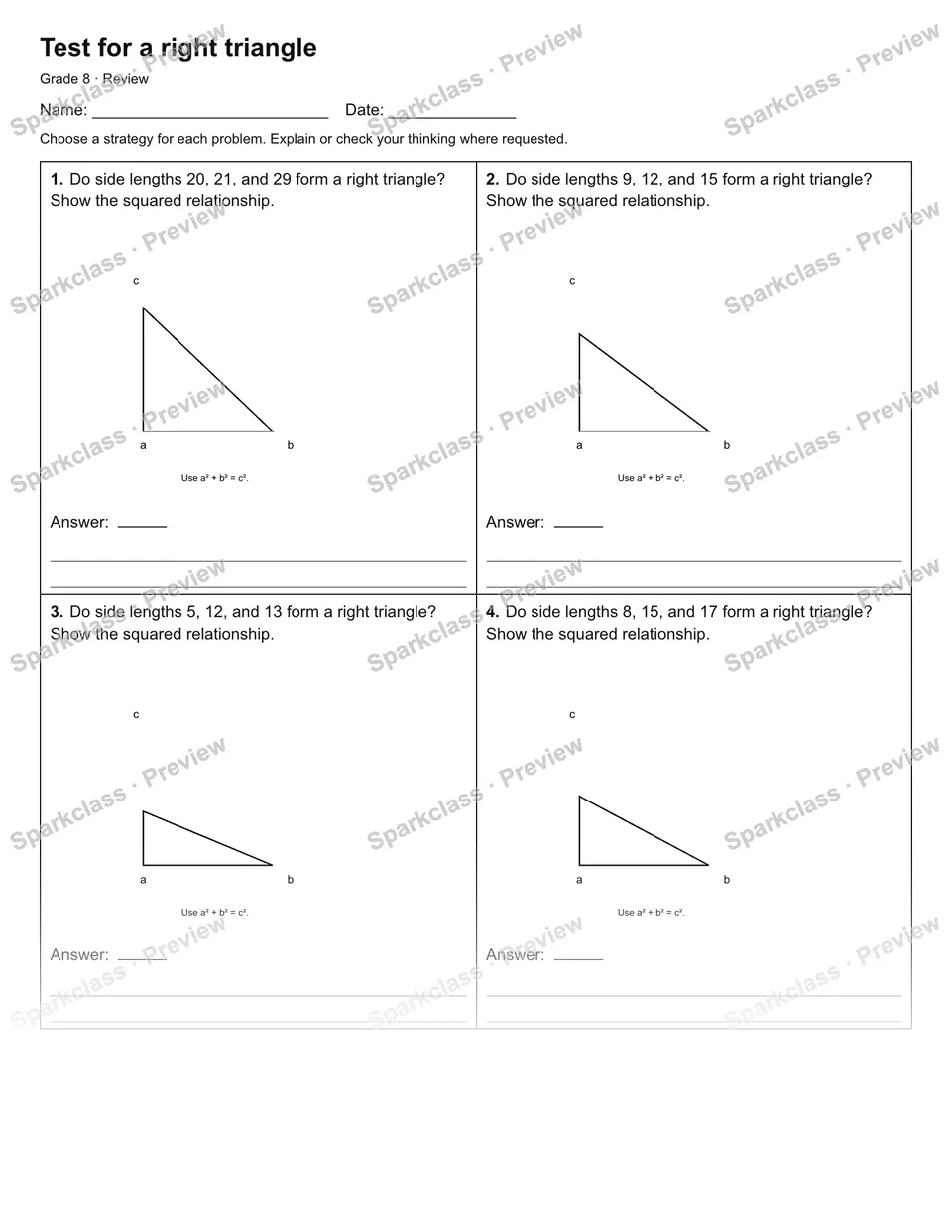 Test for a right triangle — Review — Grade 8 worksheet preview