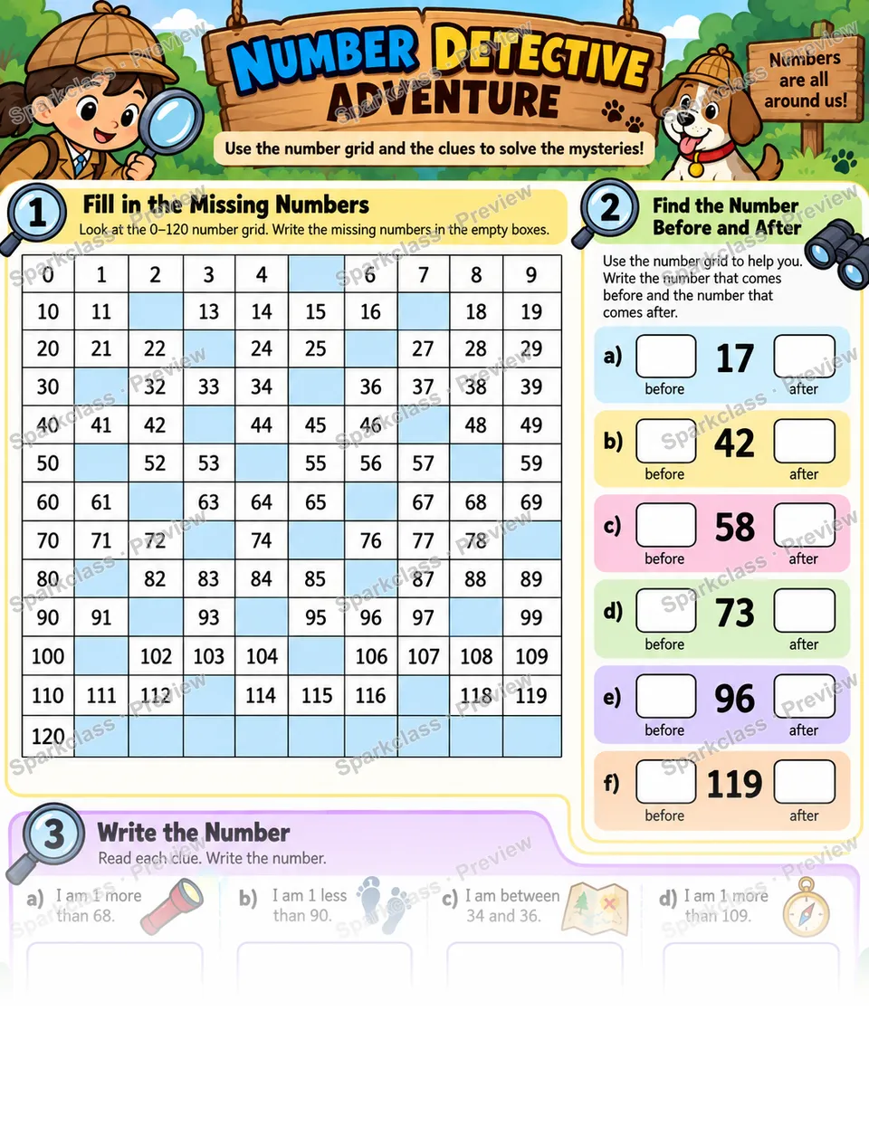 Number Detective 0 120 — Grade 1 worksheet preview