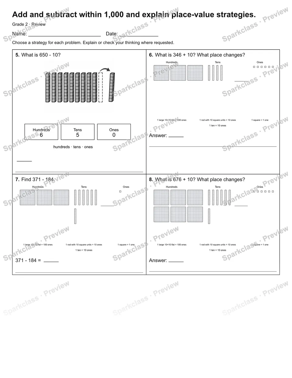 Add and subtract within 1,000 and explain place-value strategies. — Review — page 2