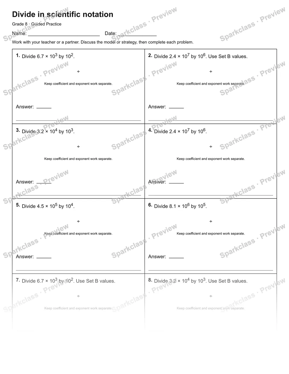 Divide in scientific notation — Guided Practice — Grade 8 worksheet preview