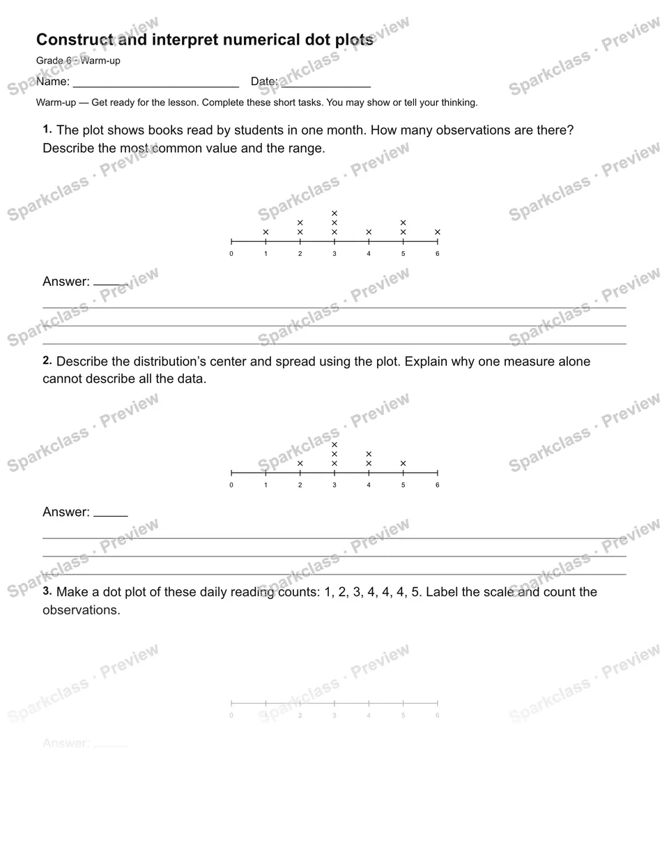 Construct and interpret numerical dot plots — Warm-up — Grade 6 worksheet preview