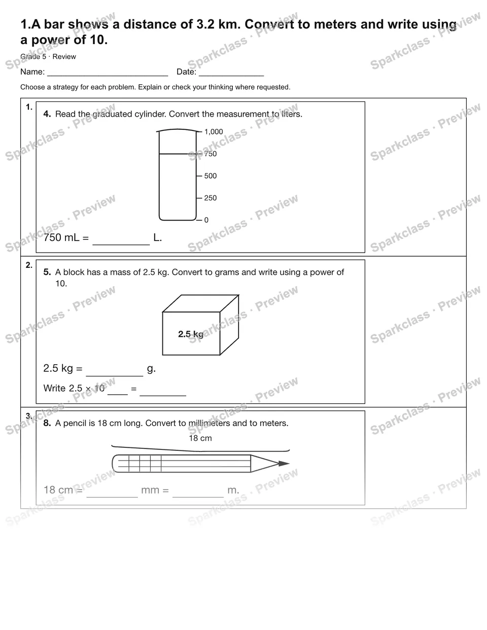 1.A bar shows a distance of 3.2 km. Convert to meters and write using a power of 10. — Review — Grade 5 worksheet preview