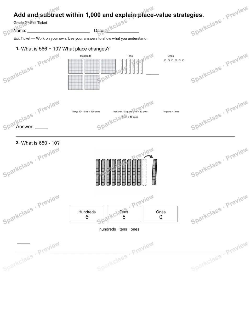 Add and subtract within 1,000 and explain place-value strategies. — Exit Ticket — Grade 2 worksheet preview