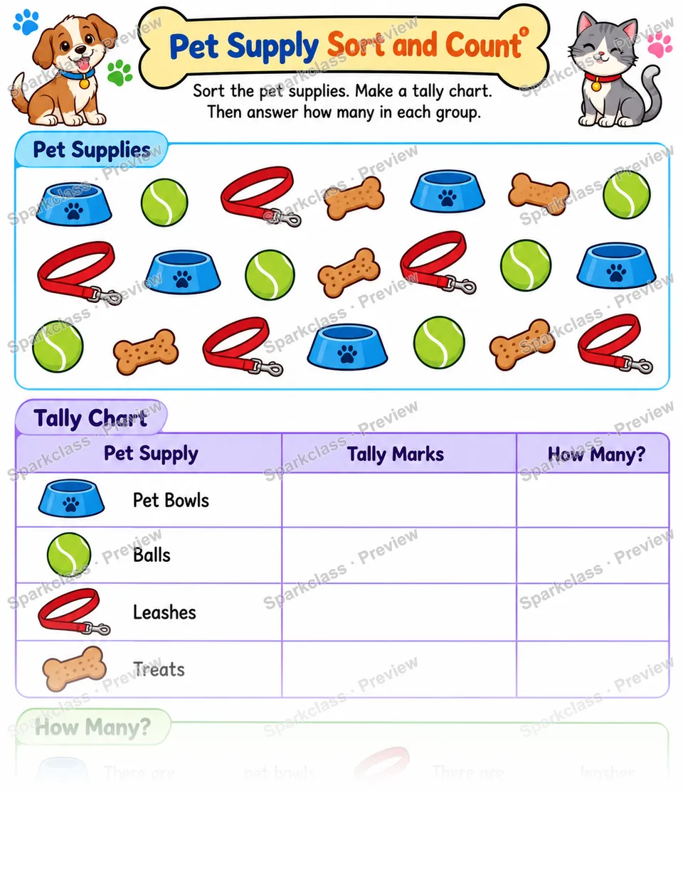 Pet Supply Sort Count — Grade 1 worksheet preview