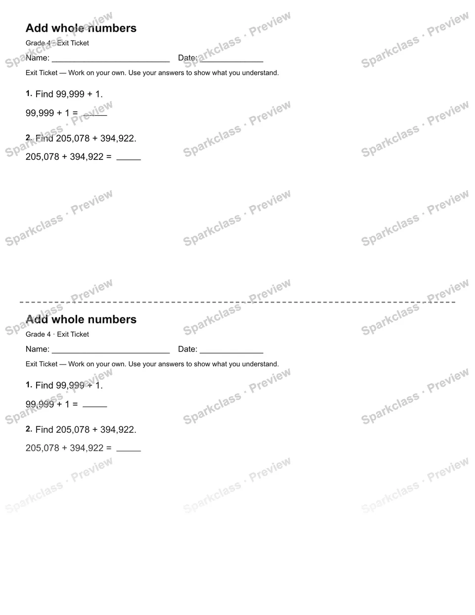 Add whole numbers — Exit Ticket — Grade 4 worksheet preview