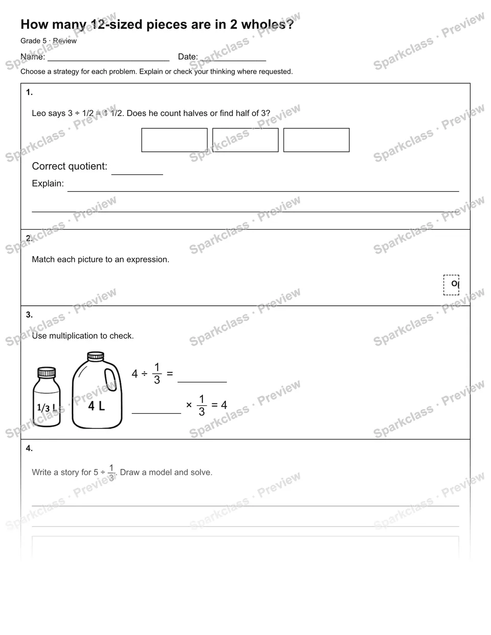 How many 12-sized pieces are in 2 wholes? — Review — Grade 5 worksheet preview