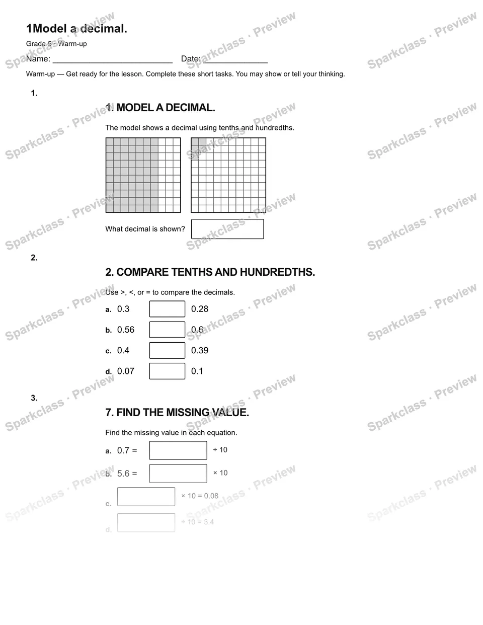 1Model a decimal. — Warm-up — Grade 5 worksheet preview