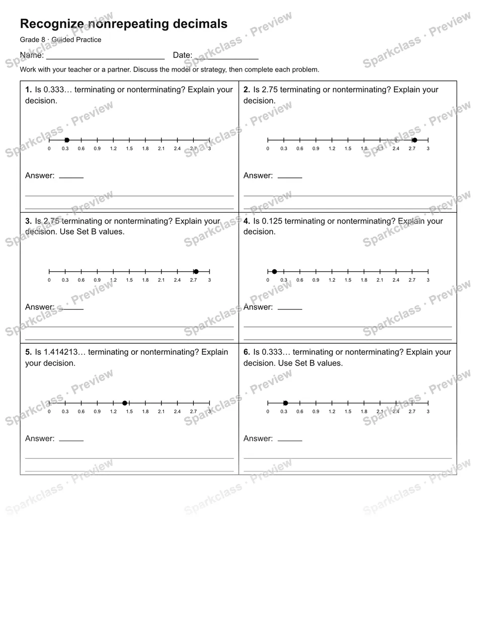 Recognize nonrepeating decimals — Guided Practice — Grade 8 worksheet preview