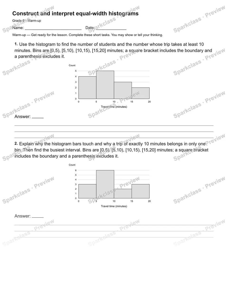 Construct and interpret equal-width histograms — Warm-up — page 2