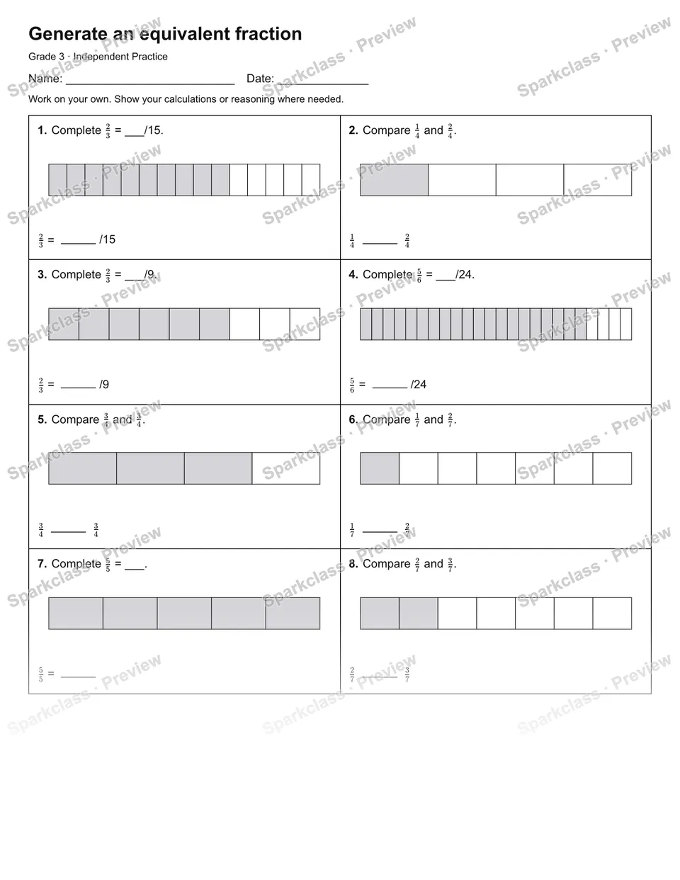 Generate an equivalent fraction — Independent Practice — Grade 3 worksheet preview