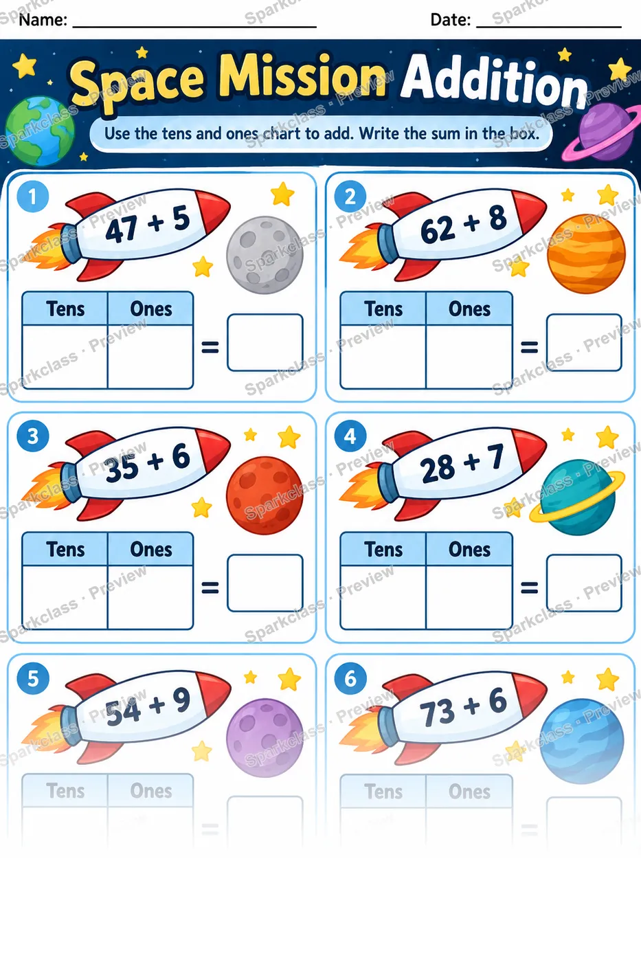 Space Mission Addition — Grade 1 worksheet preview