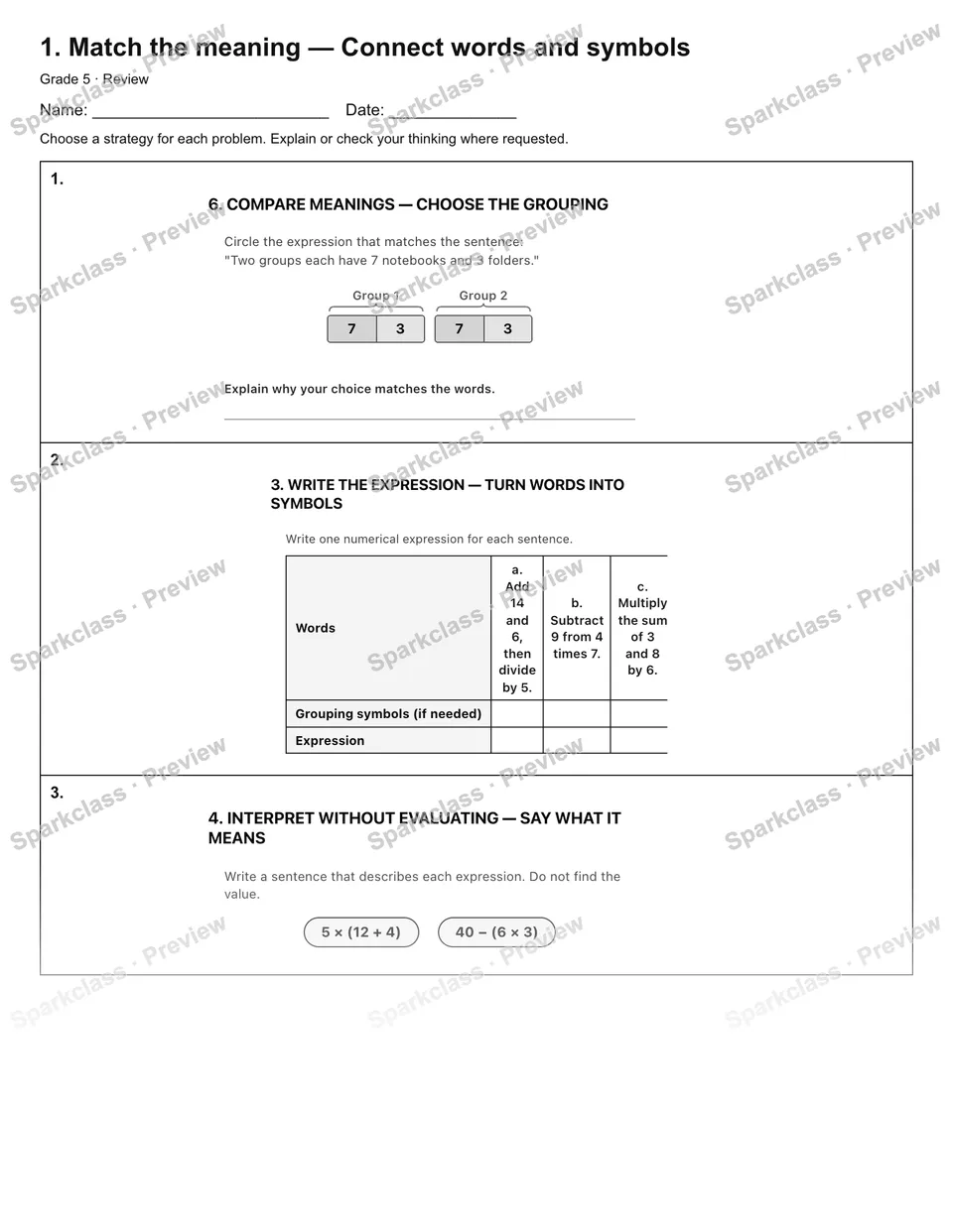 1. Match the meaning — Connect words and symbols — Review — Grade 5 worksheet preview