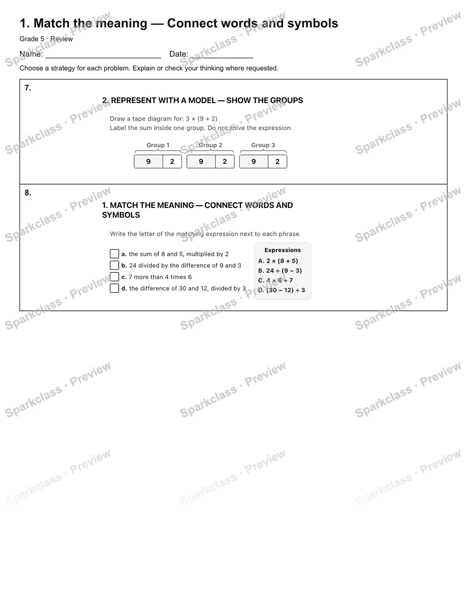 1. Match the meaning — Connect words and symbols — Review — page 3