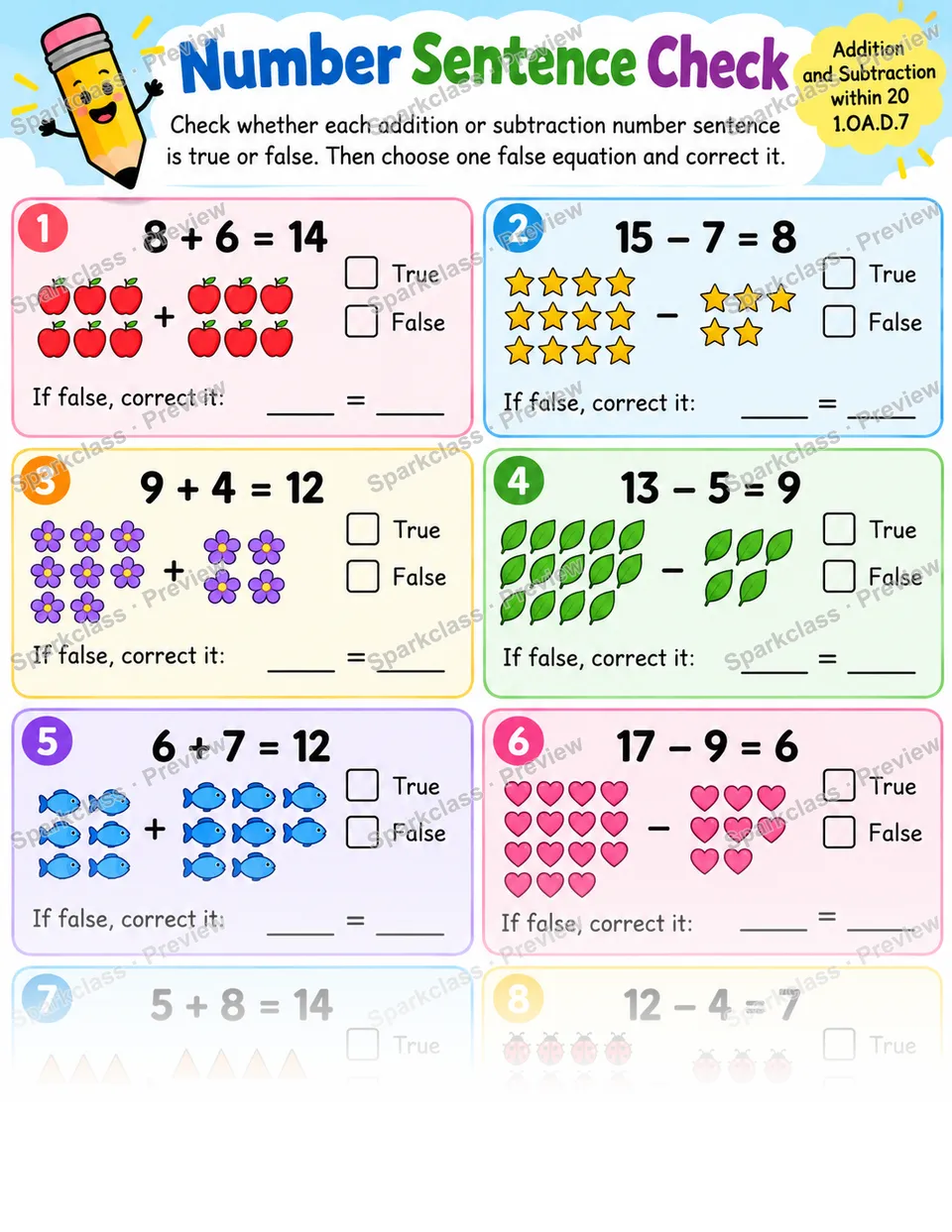 Number Sentence Check — Grade 1 worksheet preview