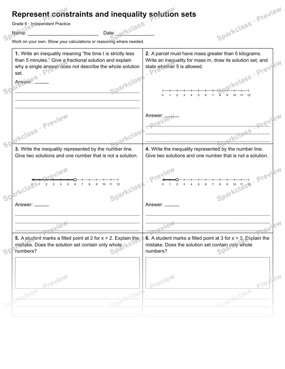 Represent constraints and inequality solution sets — Independent Practice — Grade 6 worksheet preview