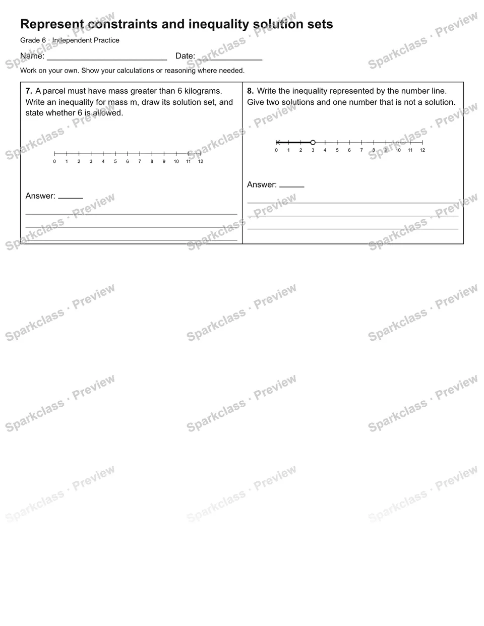 Represent constraints and inequality solution sets — Independent Practice — page 2
