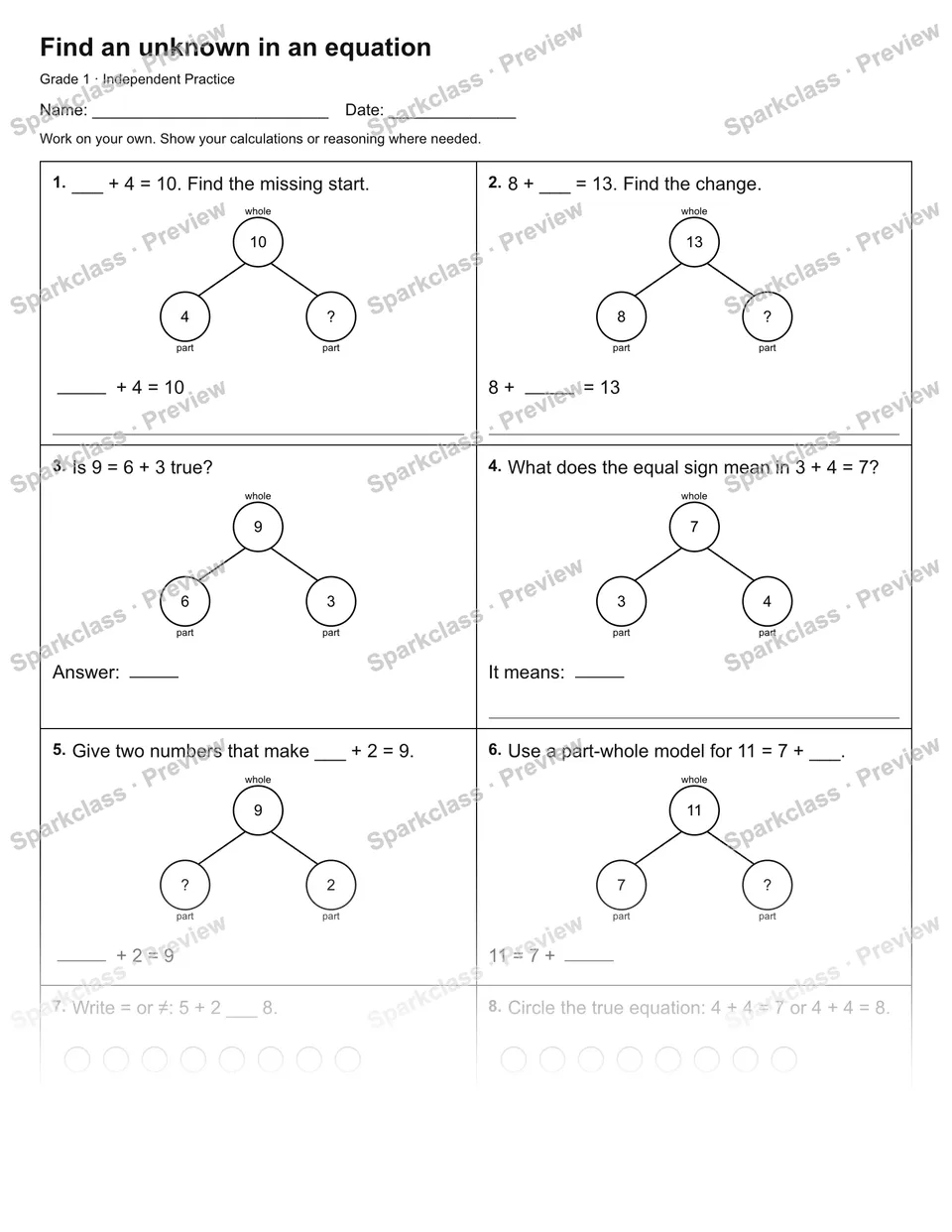 Find an unknown in an equation — Independent Practice — Grade 1 worksheet preview