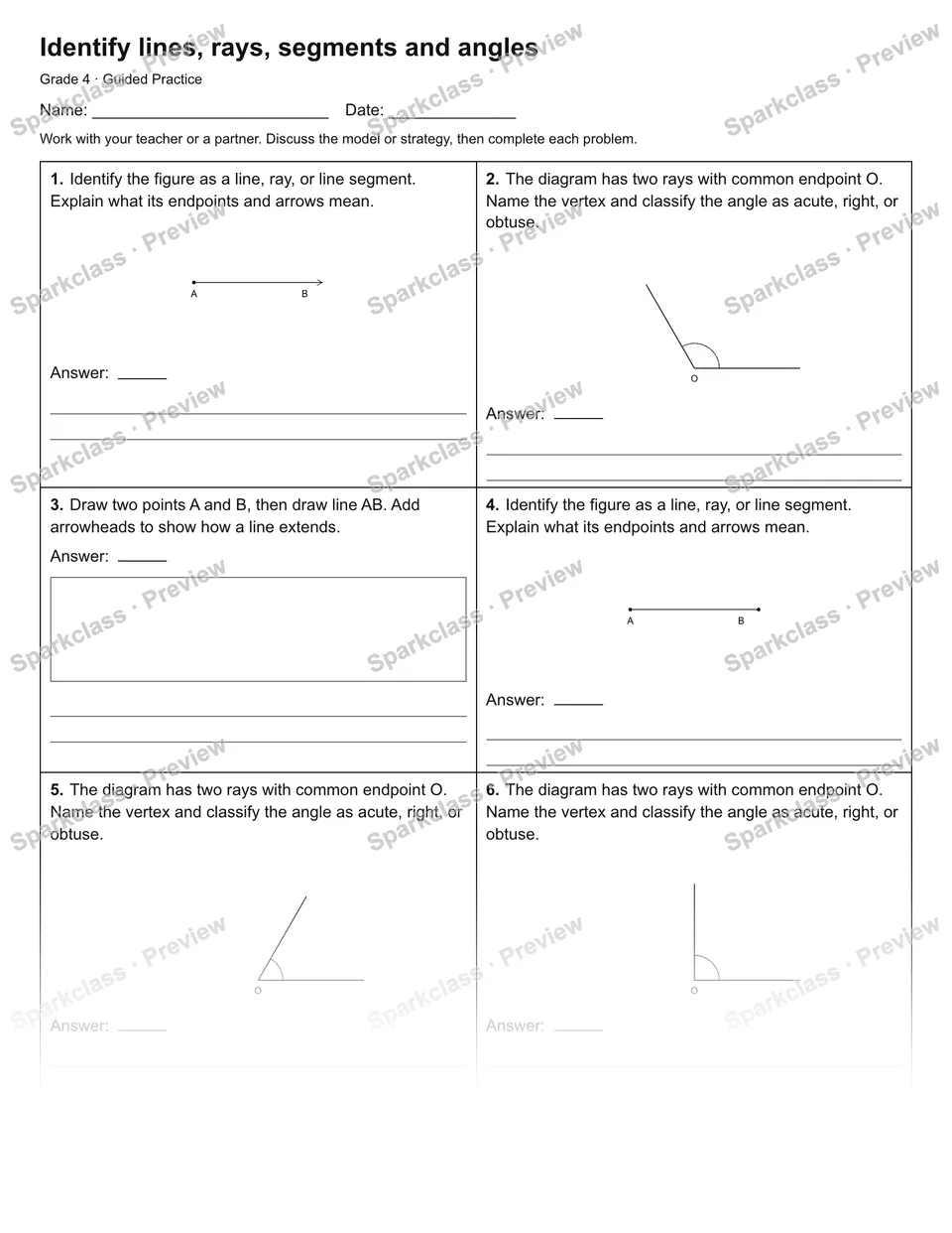 Identify lines, rays, segments and angles — Guided Practice — Grade 4 worksheet preview