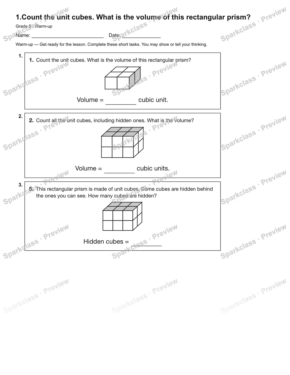 1.Count the unit cubes. What is the volume of this rectangular prism? — Warm-up — page 2