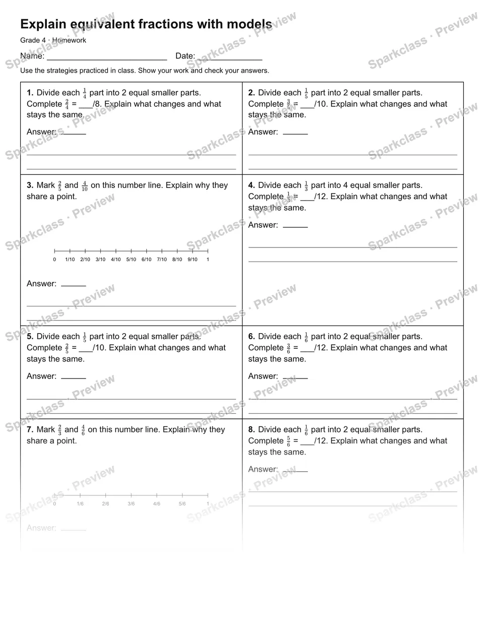 Explain equivalent fractions with models — Homework — Grade 4 worksheet preview