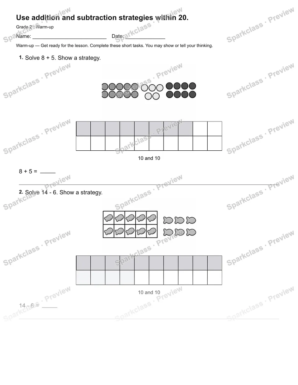 Use addition and subtraction strategies within 20. — Warm-up — Grade 2 worksheet preview