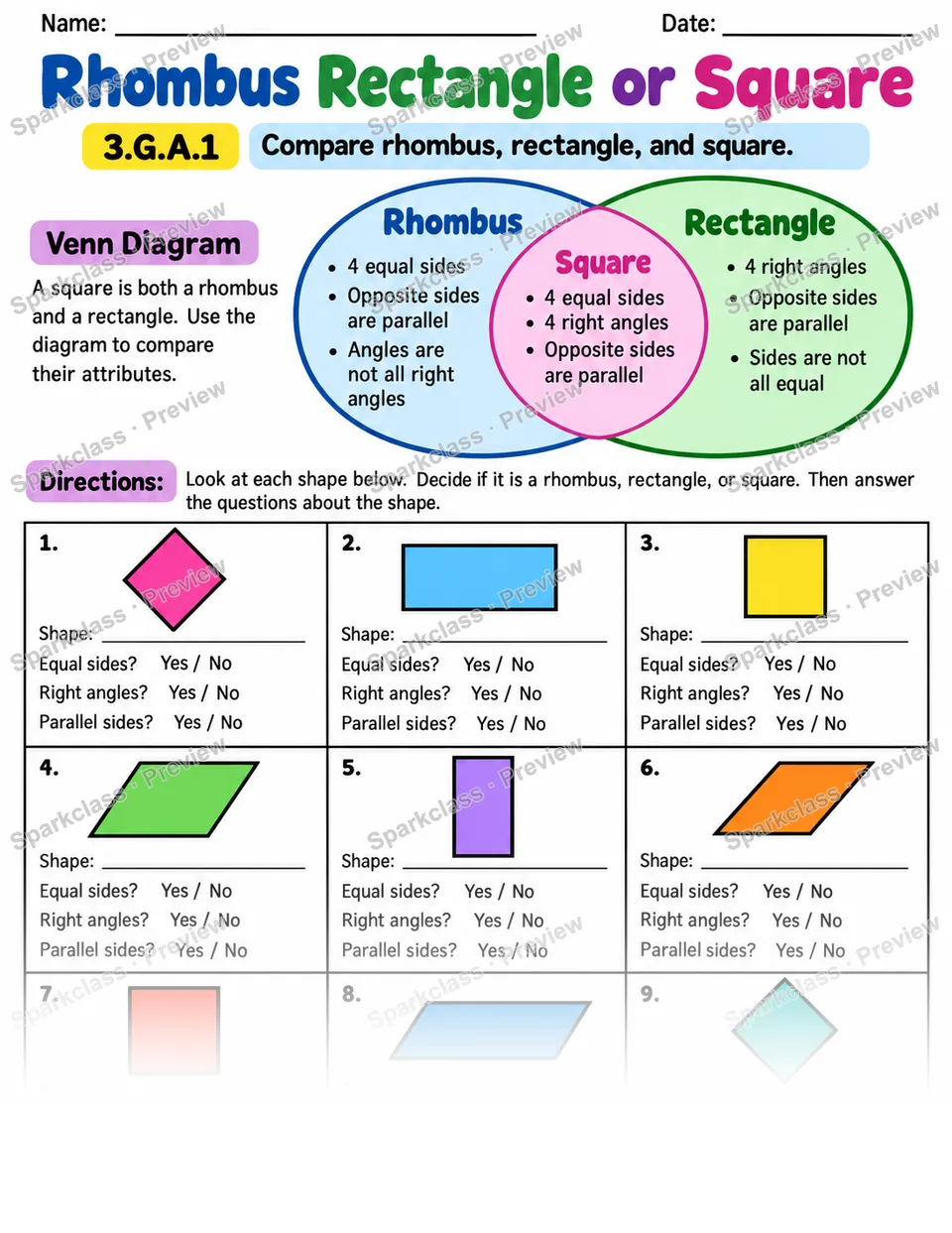 Rhombus Rectangle Or Square — Grade 3 worksheet preview