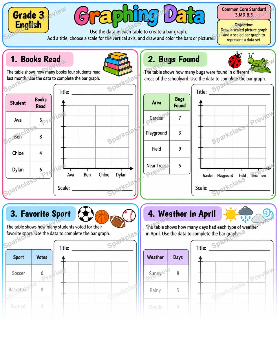 Draw Scaled Picture Graph 02 — Grade 3 worksheet preview