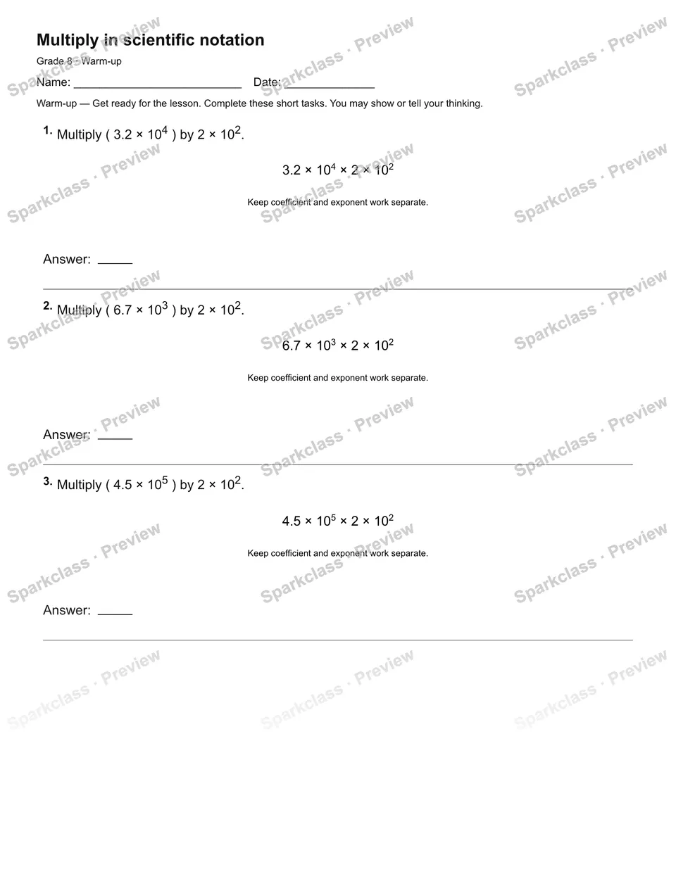 Multiply in scientific notation — Warm-up — Grade 8 worksheet preview