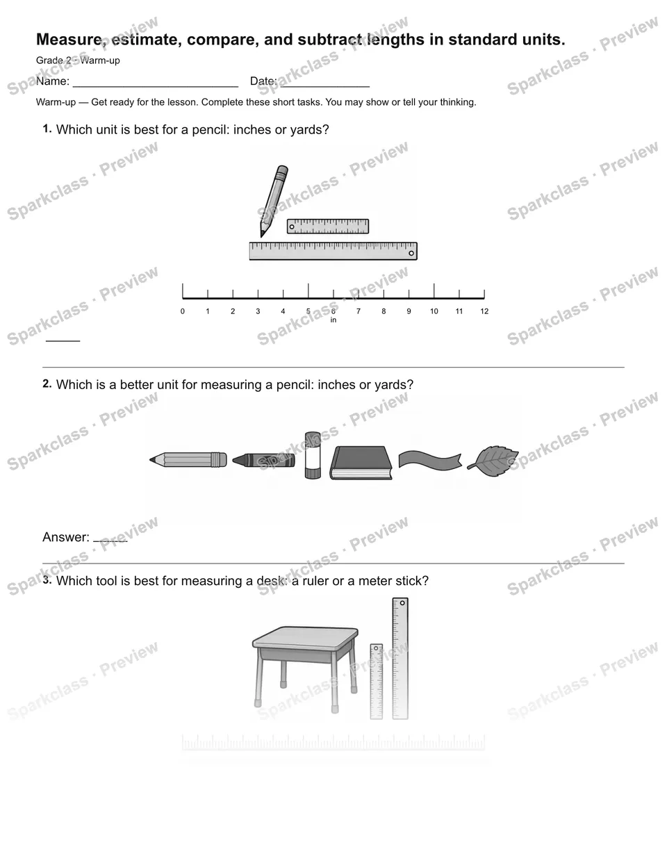 Measure, estimate, compare, and subtract lengths in standard units. — Warm-up — Grade 2 worksheet preview