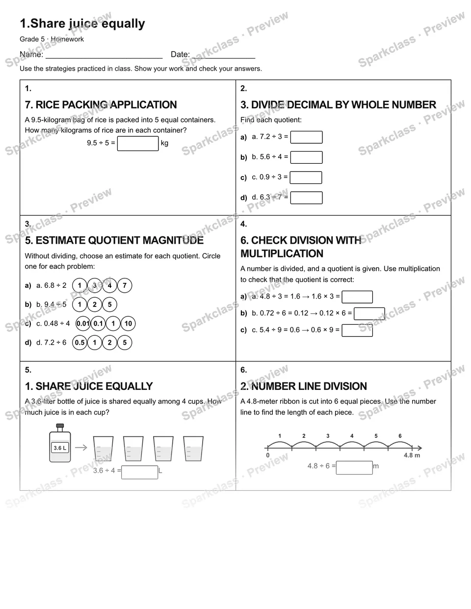 1.Share juice equally — Homework — Grade 5 worksheet preview