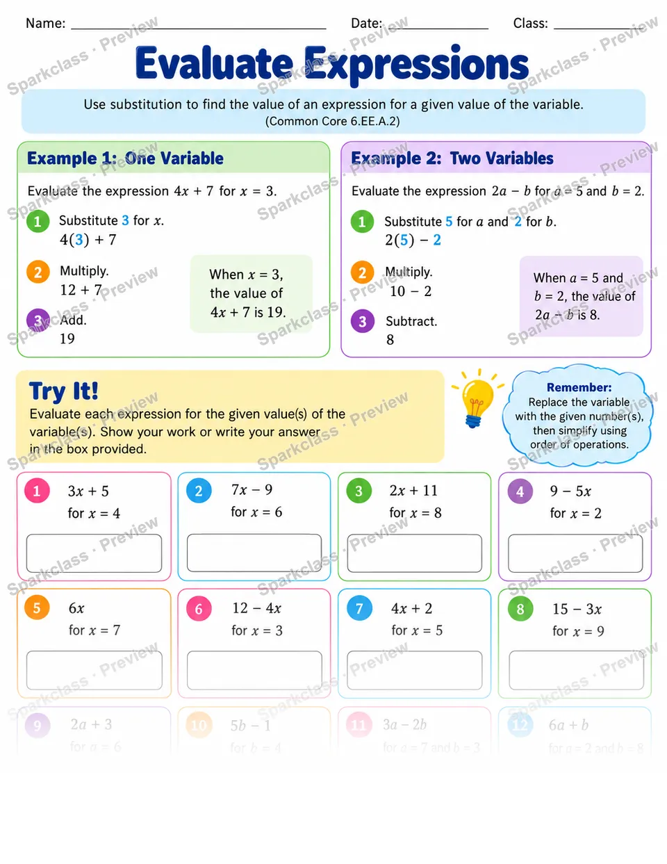 Evaluate Expressions — Grade 6 worksheet preview