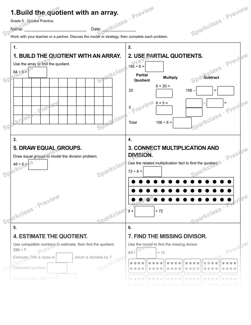 1.Build the quotient with an array. — Guided Practice — Grade 5 worksheet preview