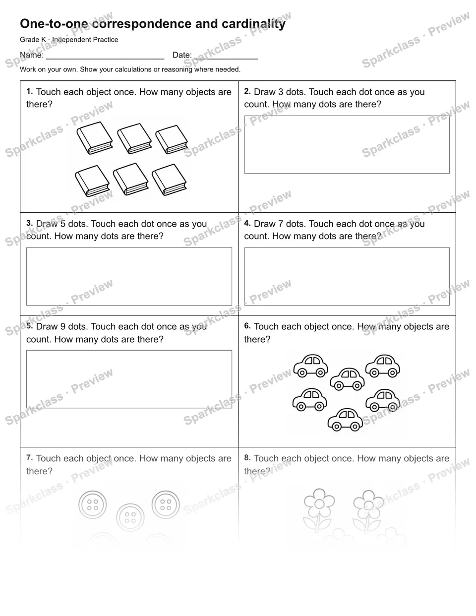 One-to-one correspondence and cardinality — Independent Practice — Kindergarten worksheet preview